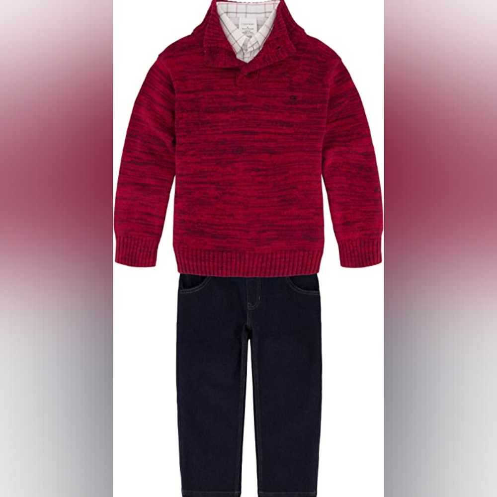 Calvin Klein Boys' 3-Piece Sweater Set with Button-Down Shirt and Matching Pants